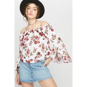 Charlotte Russe Ditsy Floral Relaxed Off-Shoulder Bell Sleeve Boho Top